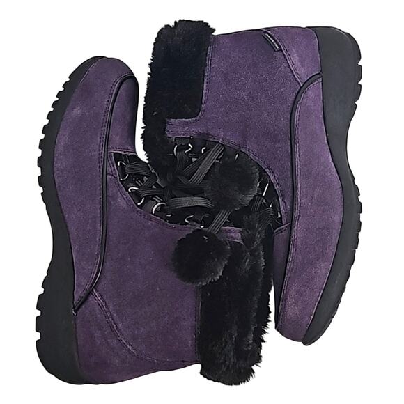 Sporto Womens Purple Leather Upper Black Faux Fur Pom Pom Lace Up Boots Size 8 - Picture 5 of 10